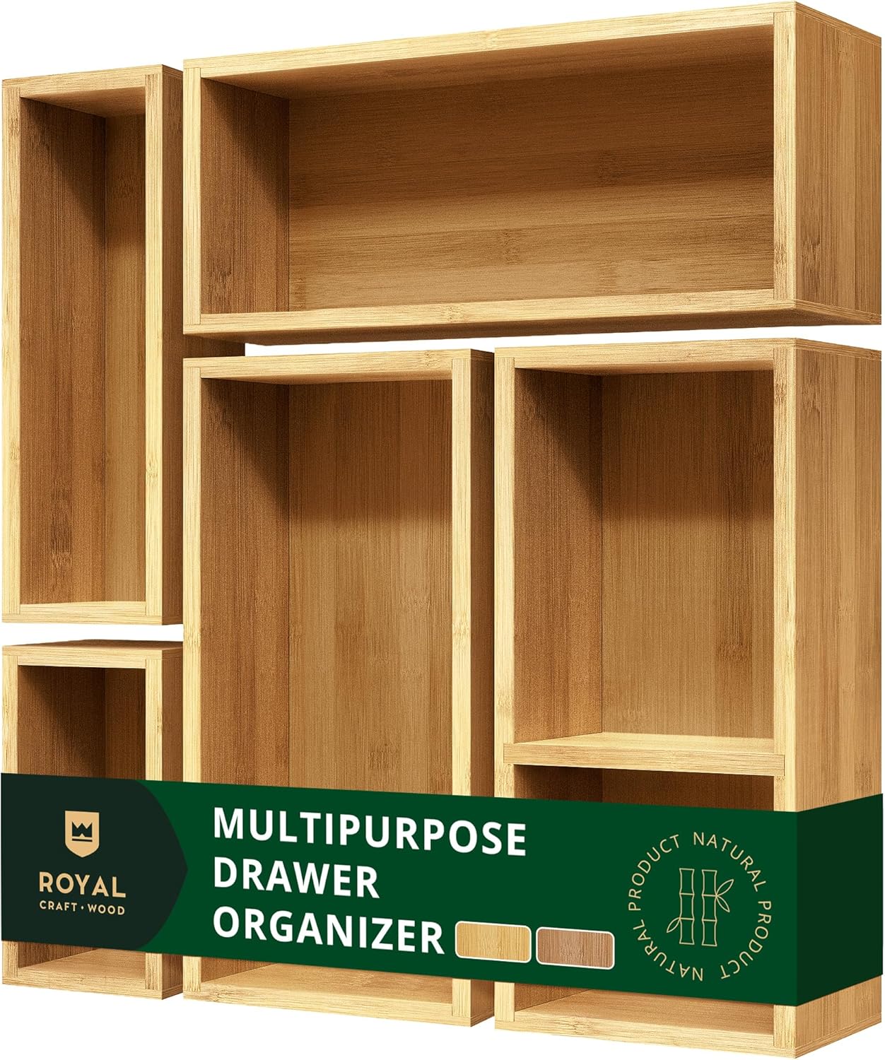 ROYAL CRAFT WOOD 5-Piece Bamboo Drawer Organizer Set – Multi-Use Storage Trays for Kitchen, Bathroom, Office, Makeup, Jewelry & More – Junk Drawer Tray, Utensil Holder, Storage Box & Bin Set (5 Boxes)