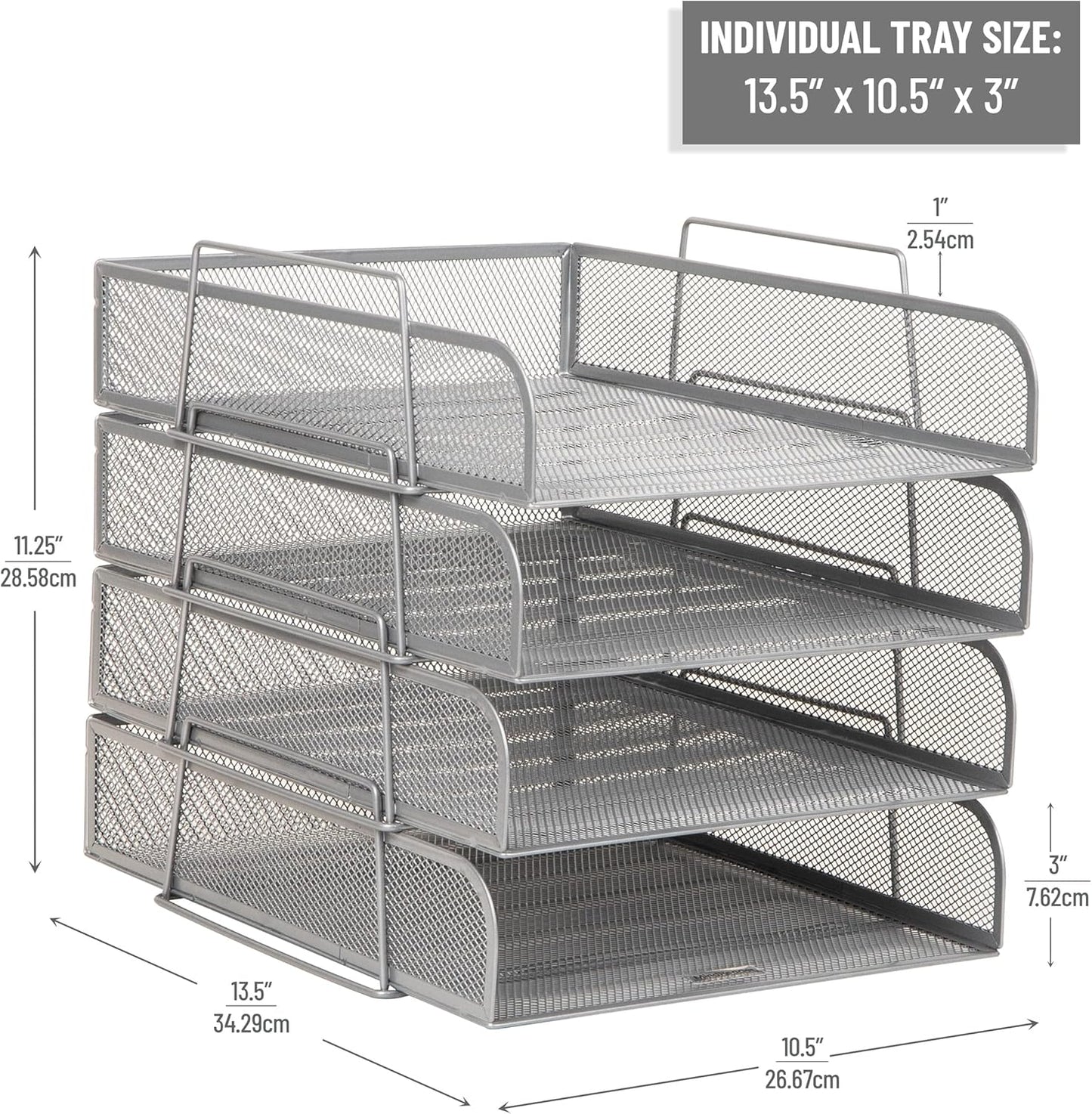 Mind Reader Stackable Paper Tray, Desktop Organizer, File Storage, Office, Metal Mesh, 10.5" L x 13.5" W x 11.25" H, 4 Pcs., Pink