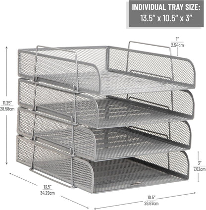 Mind Reader Stackable Paper Tray, Desktop Organizer, File Storage, Office, Metal Mesh, 10.5" L x 13.5" W x 11.25" H, 4 Pcs., Pink
