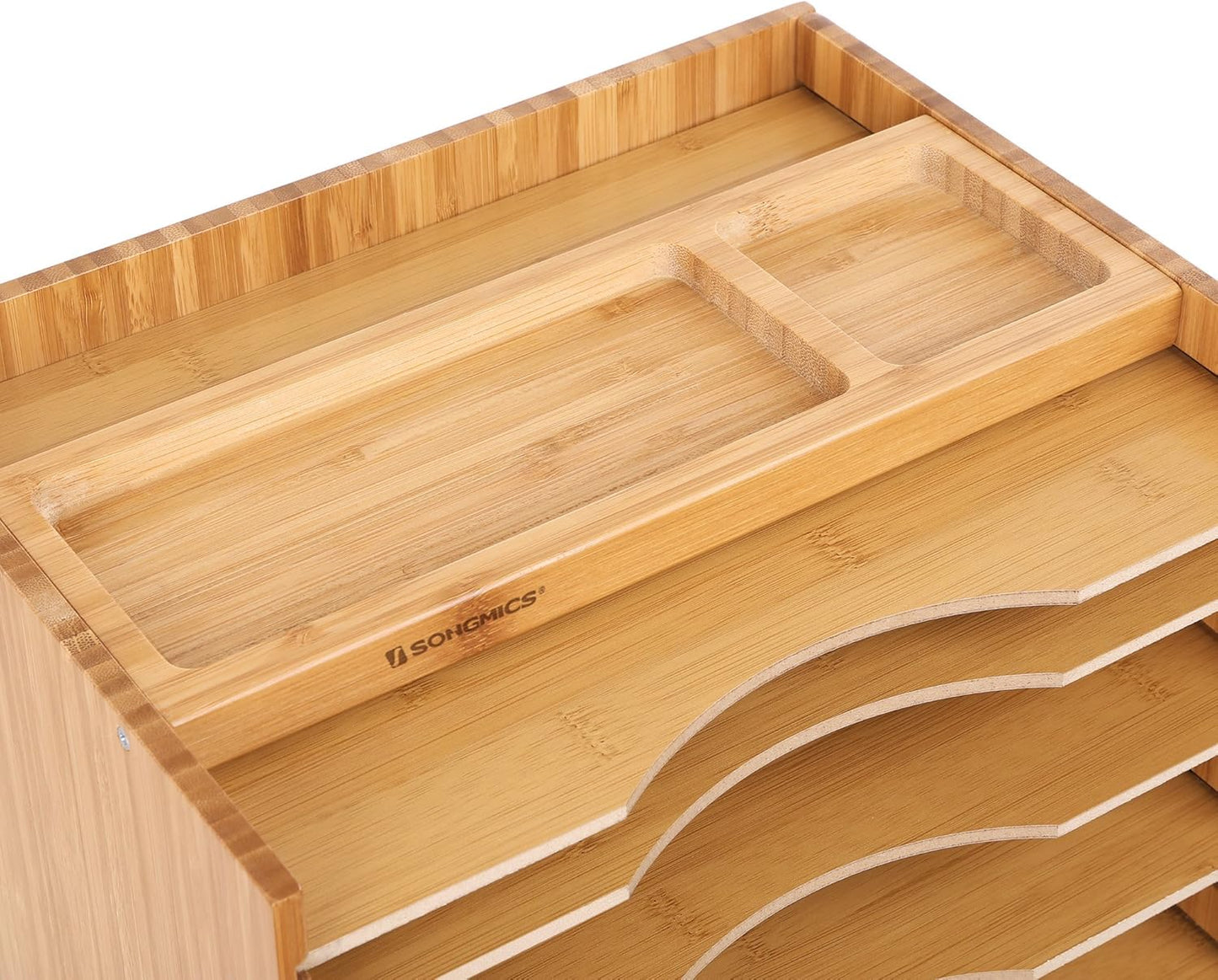 SONGMICS Bamboo File Organizer Paper Sorter with 5 Adjustable Shelves Top Storage Compartments Natural UOFS44Y