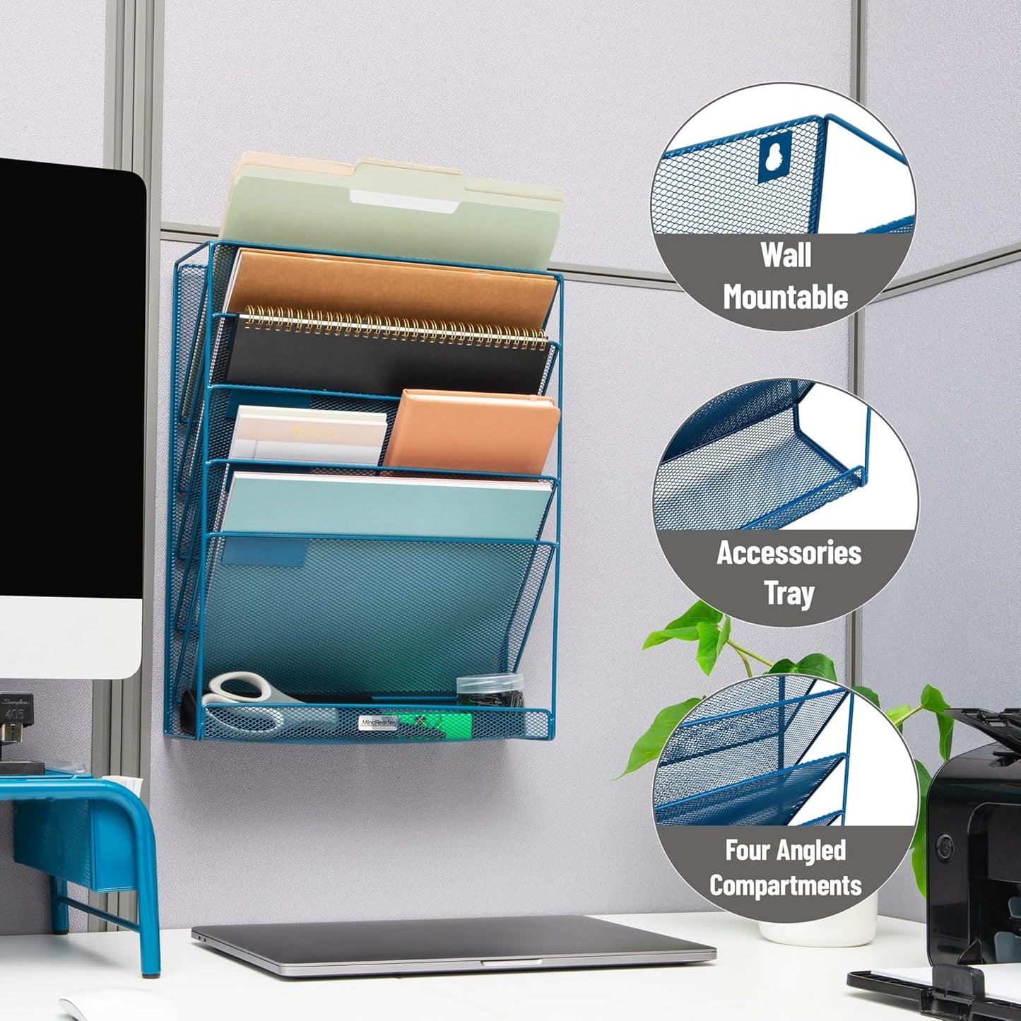 Mind Reader 5-Pocket Vertical File Storage, Desktop Organizer, Wall Mount, Office, Metal Mesh, Pink
