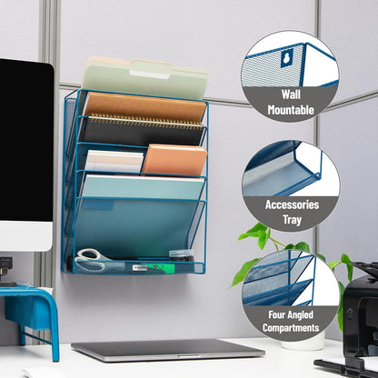 Mind Reader 5-Pocket Vertical File Storage, Desktop Organizer, Wall Mount, Office, Metal Mesh, Pink