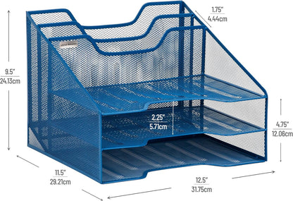 Mind Reader Metal Mesh Desktop File Organizer, 3-Tier Paper Tray with 5 Compartments, Office Mail Sorter, White