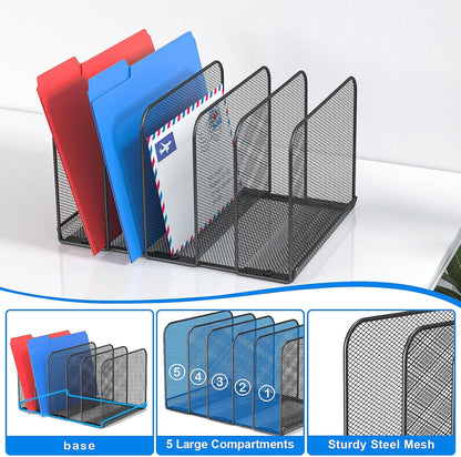 TOPCJ 5 Sections Desk File Holder/Rack/Sorter,Mesh File Organizer,File Folder Organizer,Metal Upright Desktop Organization for Documents,Magazine,Kitchenware,Antiskid,Antirust,Sturdy,1 Pack
