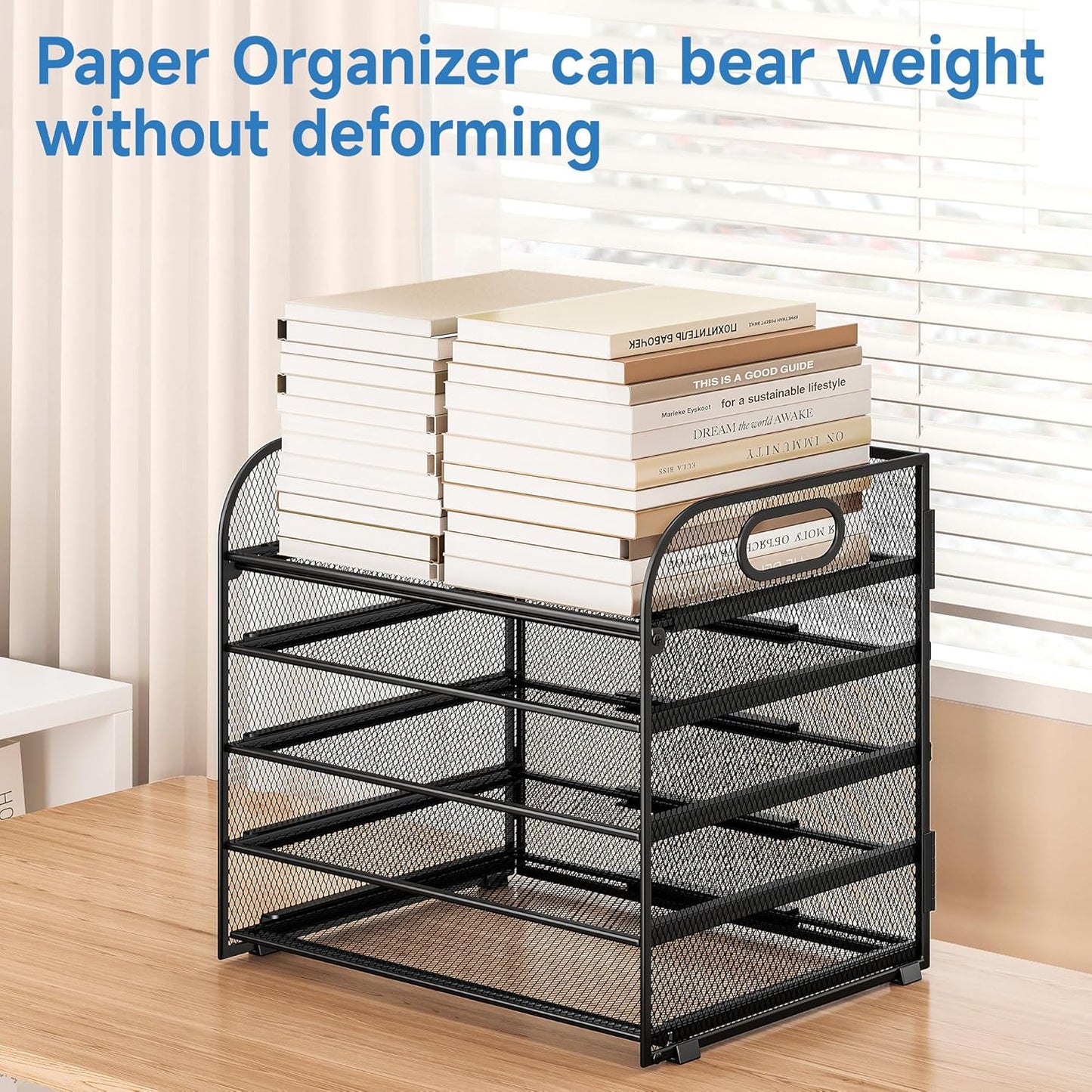 Paper Organizer Letter Tray with Handle, 5-Tier Black Stackable Desk Organizer with Metal Mesh, Sturdy Paper Tray for Office Desk, Home & Classroom Supplies Storage
