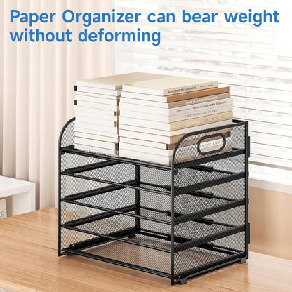 Paper Organizer Letter Tray with Handle, 5-Tier Black Stackable Desk Organizer with Metal Mesh, Sturdy Paper Tray for Office Desk, Home & Classroom Supplies Storage