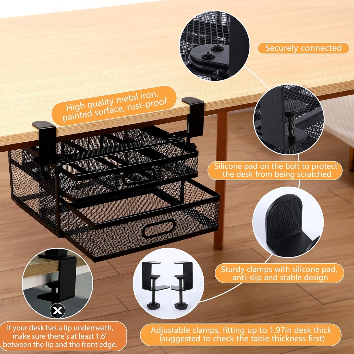 Under Desk Drawer Organizer with 2 Slide Out Drawers – No Drilling Metal Clamp-On Storage, Anti-Slip Desk Drawer Attachment for Home & Office Desktop Organization (White)