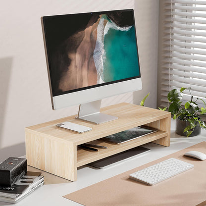 FITUEYES Monitor Stand - 2 Tier Computer Monitor Riser Shelf, Wood Desktop Stand for Laptop Computer Screen, Desk Organization, Office Supplies