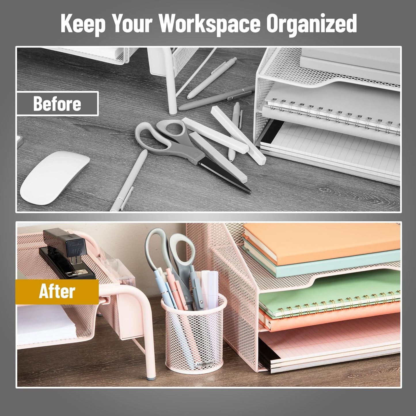 Mind Reader Pen and Accessories Holder, Desktop Organizer, Office, Metal Mesh, 3.5"L x 3.5"W x 3.75"H, Set of 3, Black