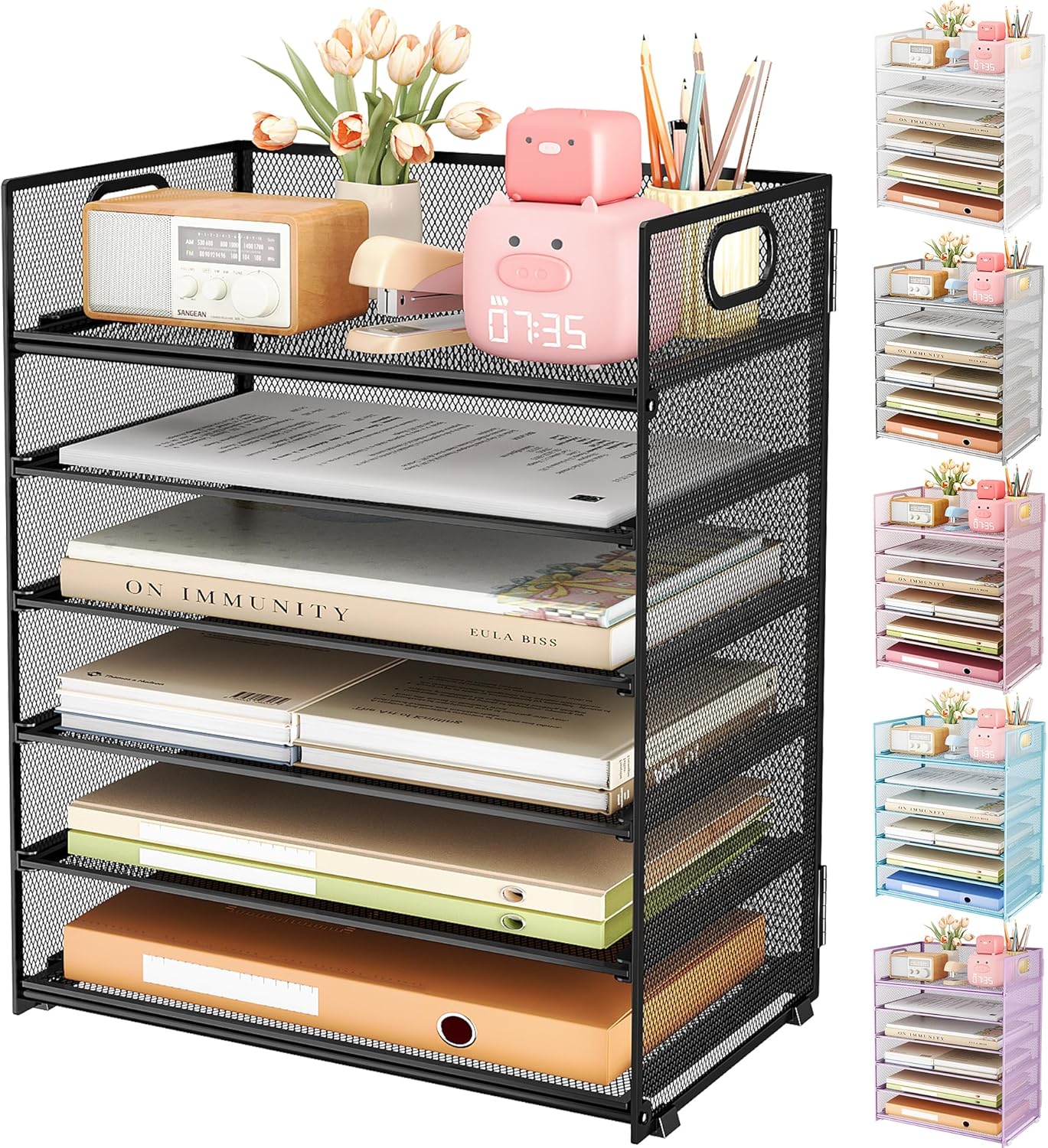 Subekyu 6 Tier Office File Paper Desk Tray Organizer with Handle, Stackable Slide Mesh Letter Tray Folder Blue Desk Organizer, Desktop Document Sorter for Classroom, Office, Home Supplies Storage