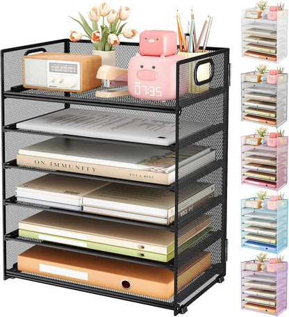 Subekyu 6 Tier Office File Paper Desk Tray Organizer with Handle, Stackable Slide Mesh Letter Tray Folder Blue Desk Organizer, Desktop Document Sorter for Classroom, Office, Home Supplies Storage