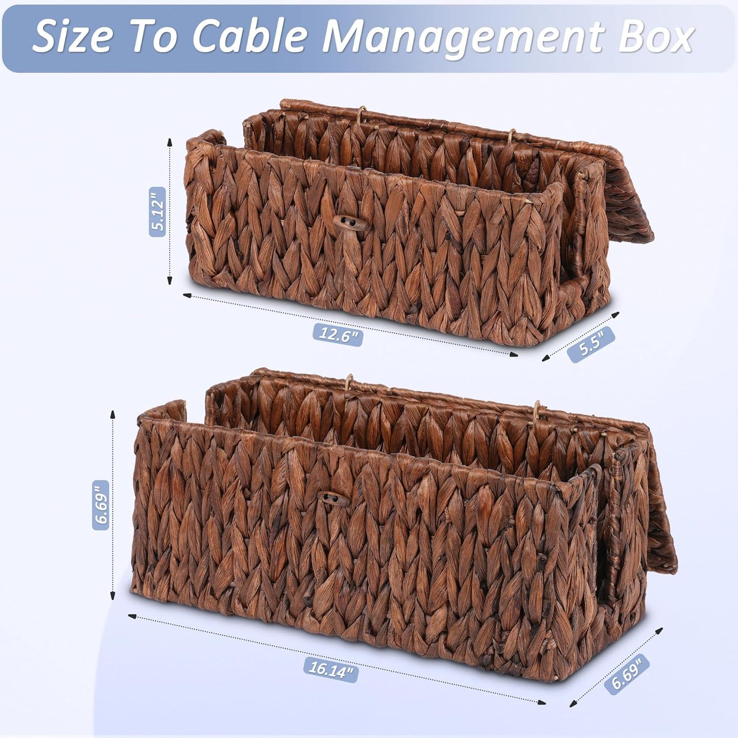 efluky 2 Pack Plastic Cable Management Boxes, Hand-Woven Cord Organizer Box with Lid, 2 Open Slots Cable Organizer Basket to Hide Power Strip and Charger for Home & Office and Dorm,Natural