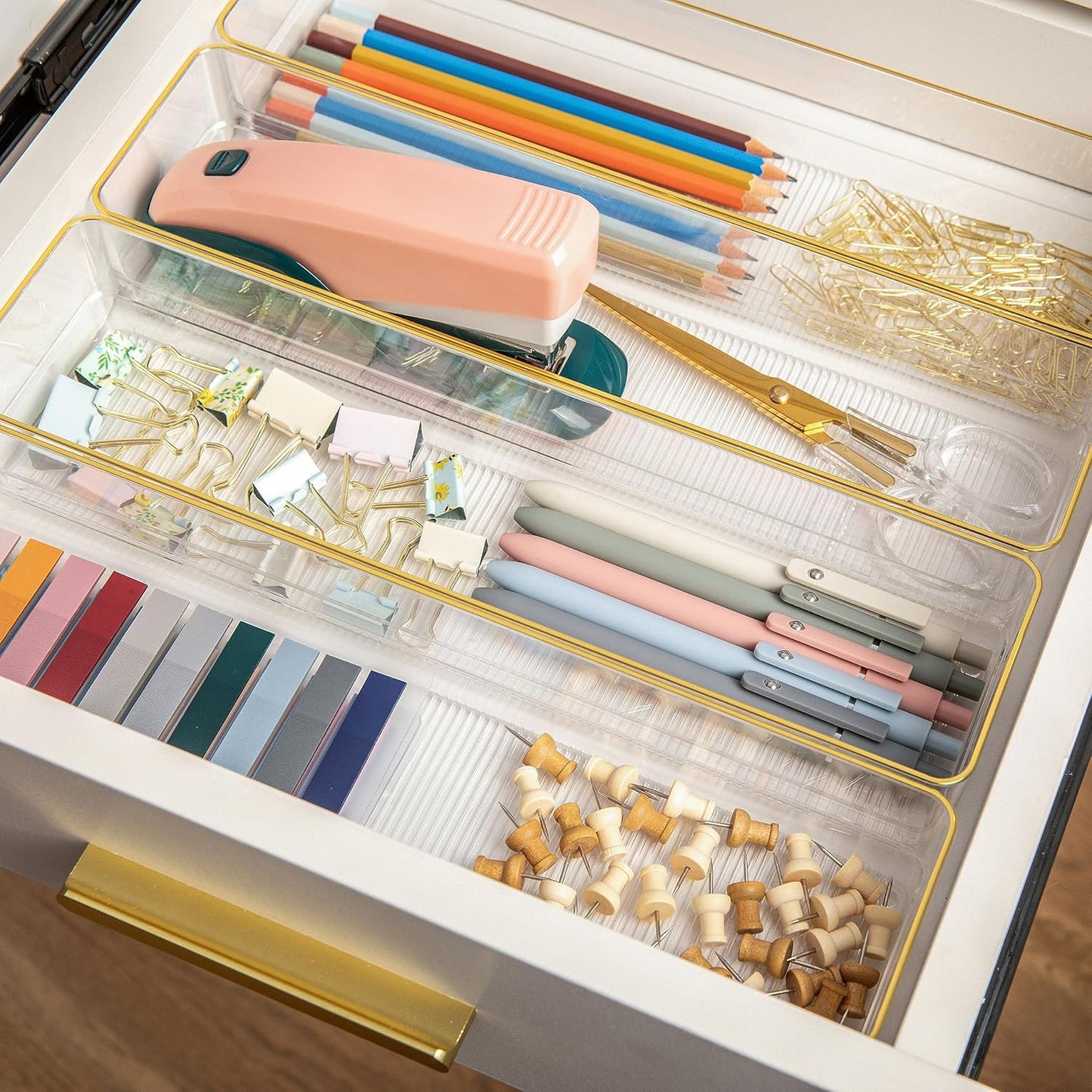Martha Stewart Kerry Plastic Stackable Office Desk Drawer Organizers, 6" x 3", 6 Pack, with Gold Trim