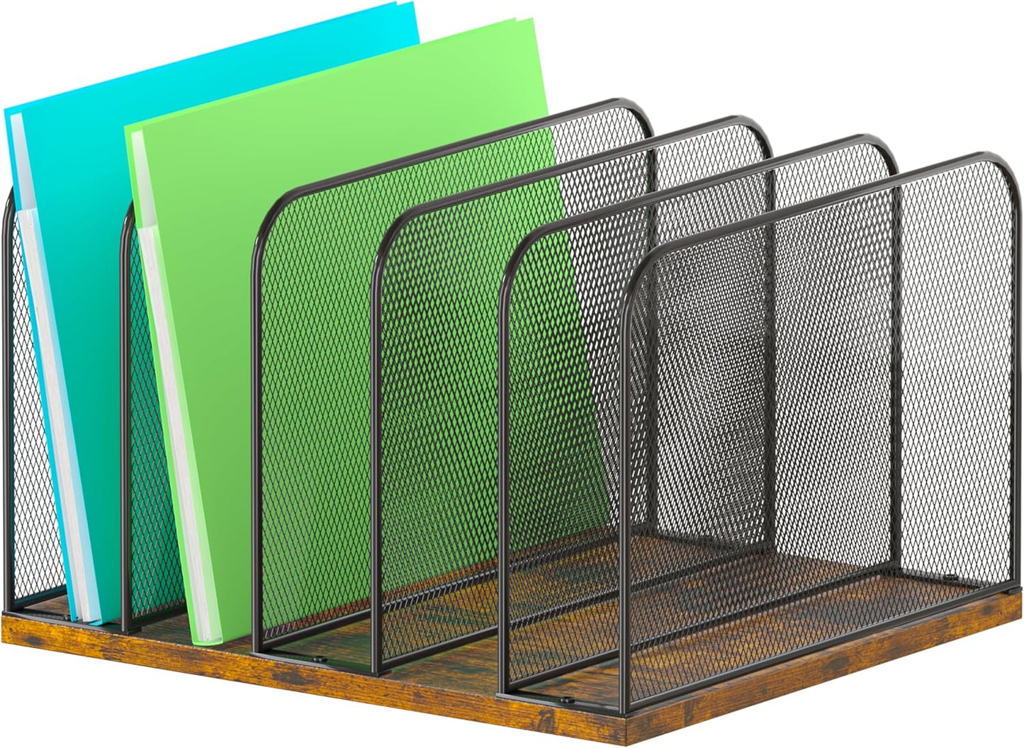 Piskyet Wooden Desk File Organizer, 5-Section Vertical File Folder Holder Stand,Metal Mail Paper Chromebook Organizer for Teacher Desk Office Classroom Desktop Organization