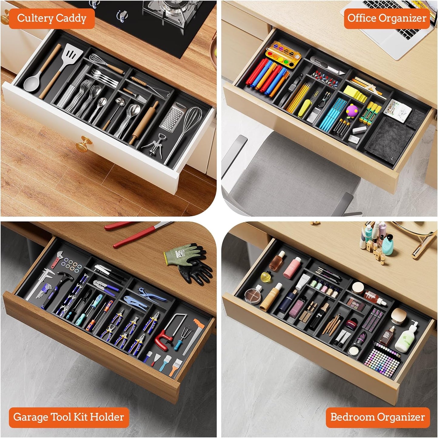 Silverware Organizer Large, Magnetic Connected Expandable 13 Slots Silverware Drawer Organizer From 21 to 37.4 Inches, Adjustable Flatware and Cutlery Holder, Bamboo Utensil Tray for Kitchen Natural