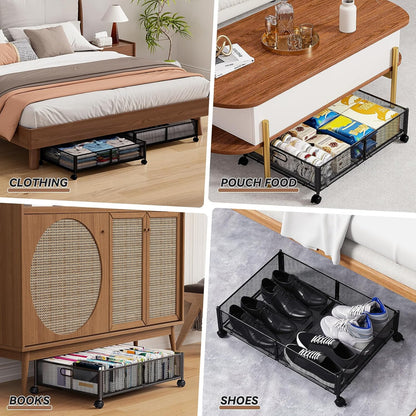 PHINOX Under Bed Storage Containers with Wheels, Under Bed Shoe Storage Organizer Drawer, Tool-free Assembly Metal Storage Containers for Bedroom Clothes Shoes Blankets -2PCK