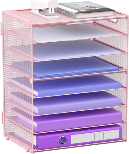 8 Tier Paper Letter Tray Organizer with Handles, Mesh Desk File Holder Storage Organization for Home School Classroom & Office (Black)