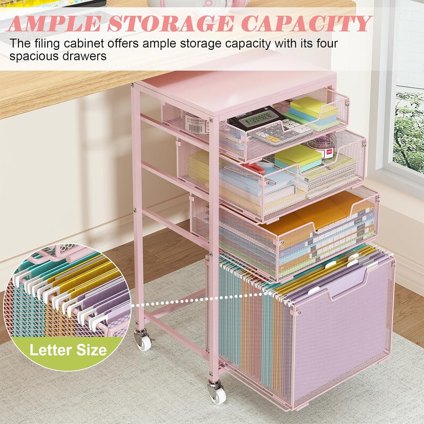 Sbanmao Rolling File Cart with 4 Storage Drawers, Mobile File Cabinet with Wheels, Hanging File Organizer, Under Desk Printer Stand Utility Cart Filing Cabinet for Home Office, Black