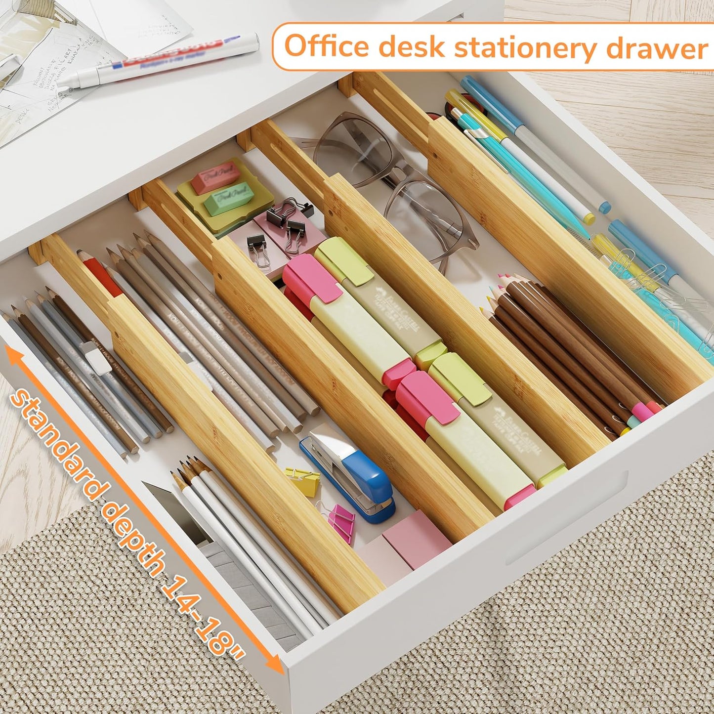 BAMEOS Drawer Dividers kitchen Organization Bamboo Utensil Organizers for Kitchen Bedroom Bathroom Dresser Office 4-pack