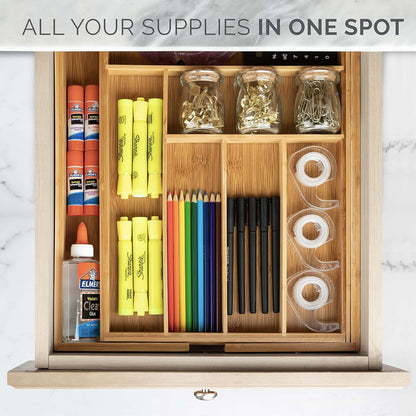 Masirs Expandable Utensil Drawer Organizer - BPA-Free Plastic Clear Silverware Tray with Multiple Compartments - Non-Slip Cutlery Storage for Kitchen, Bathroom, or Office Drawers (Clear)