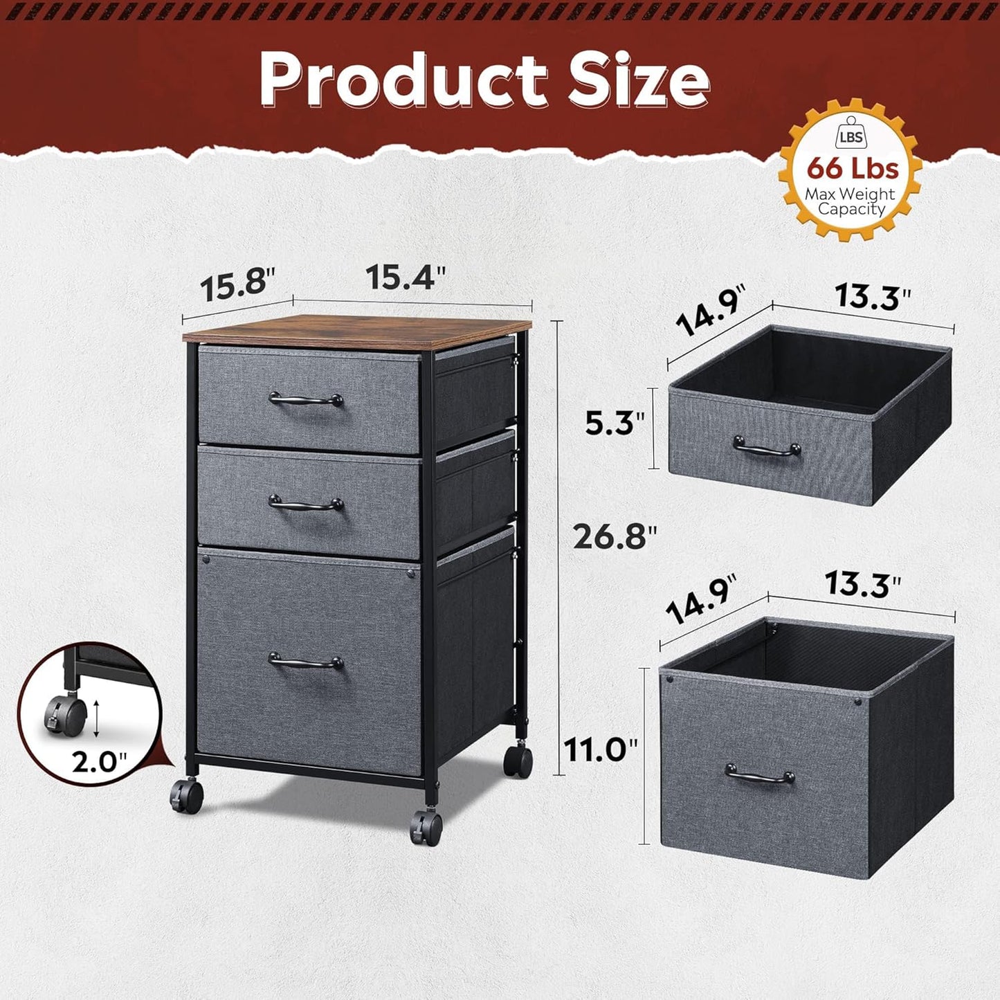 DEVAISE Mobile File Cabinet, Rolling Printer Stand with 3 Drawers, Fabric Vertical Filing Cabinet fits A4 or Letter Size for Home Office, Black