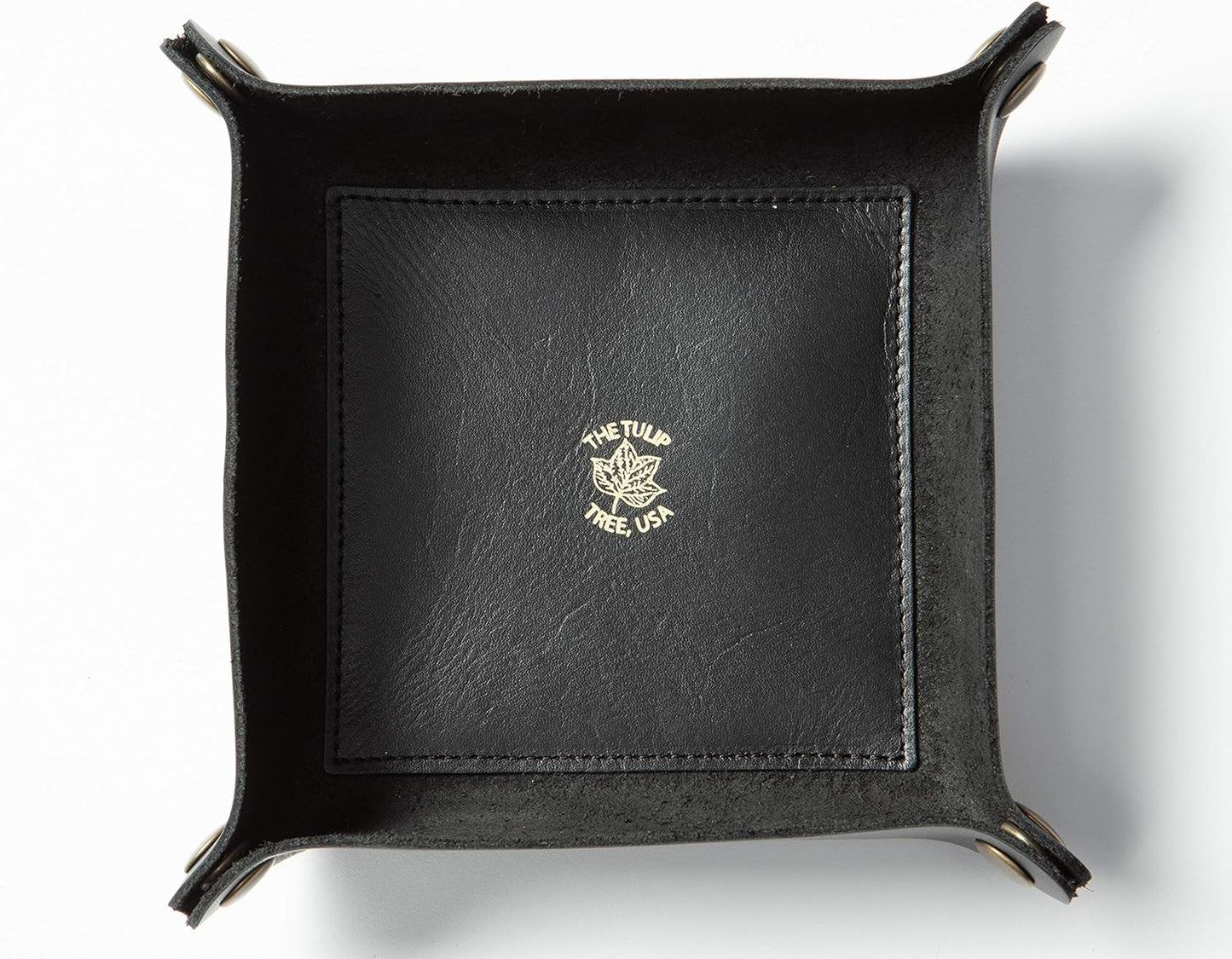 USA Handmade Premium Leather Valet Tray, Folds Flat! Dice Rolling Basket and Organizer with Brass Snaps - Reinforced Base - for Keys, Jewelry, Coin, EDC, Watch Storage Caddy - Black XLarge