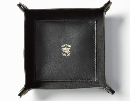 USA Handmade Premium Leather Valet Tray, Folds Flat! Dice Rolling Basket and Organizer with Brass Snaps - Reinforced Base - for Keys, Jewelry, Coin, EDC, Watch Storage Caddy - Black XLarge