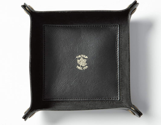 USA Handmade Premium Leather Valet Tray, Folds Flat! Dice Rolling Basket and Organizer with Brass Snaps - Reinforced Base - for Keys, Jewelry, Coin, EDC, Watch Storage Caddy - Black XLarge