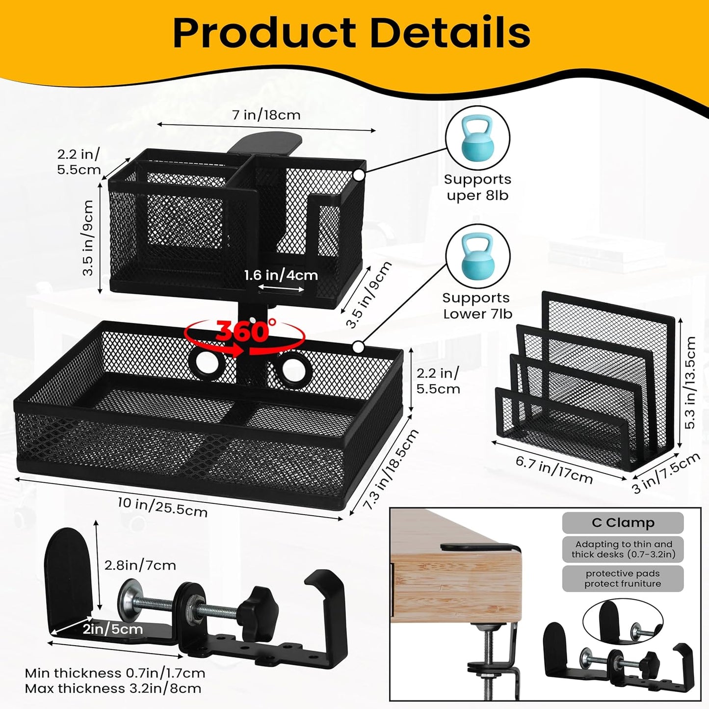 6-in-1 Clamp On Desk Organizer with Cup Holder & 360° Rotating Under Desk Drawer, Swappable Parts, Easy to Install Standing Desk Drawer Attachment, Space-Saving for Home & Office