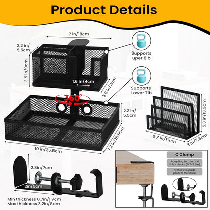 6-in-1 Clamp On Desk Organizer with Cup Holder & 360° Rotating Under Desk Drawer, Swappable Parts, Easy to Install Standing Desk Drawer Attachment, Space-Saving for Home & Office