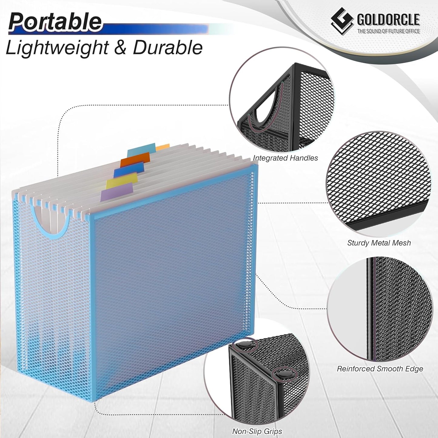 Hanging File Organizer, Letter-Size File Holder Filing Box with 5 Hanging Folders, Metal Mesh Desk File Folder Storage(No Assembly Required) (with 5 Grey Folders)