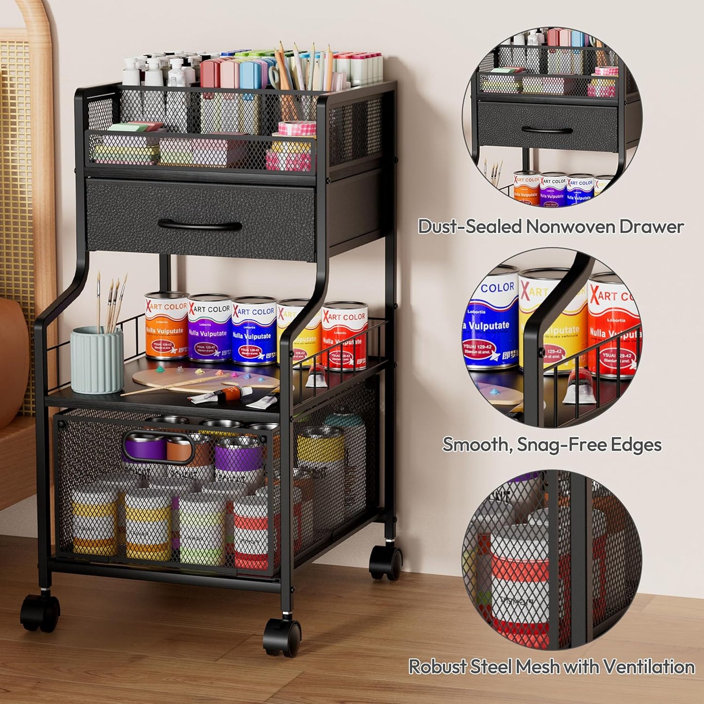 SWTYMIKI Rolling Under Desk Storage - Storage Cart with Drawers & DIY Divider - Art Cart Organizer on Wheels - Craft Rolling Utility Cart for Office, Craft Room & Studio Espresso