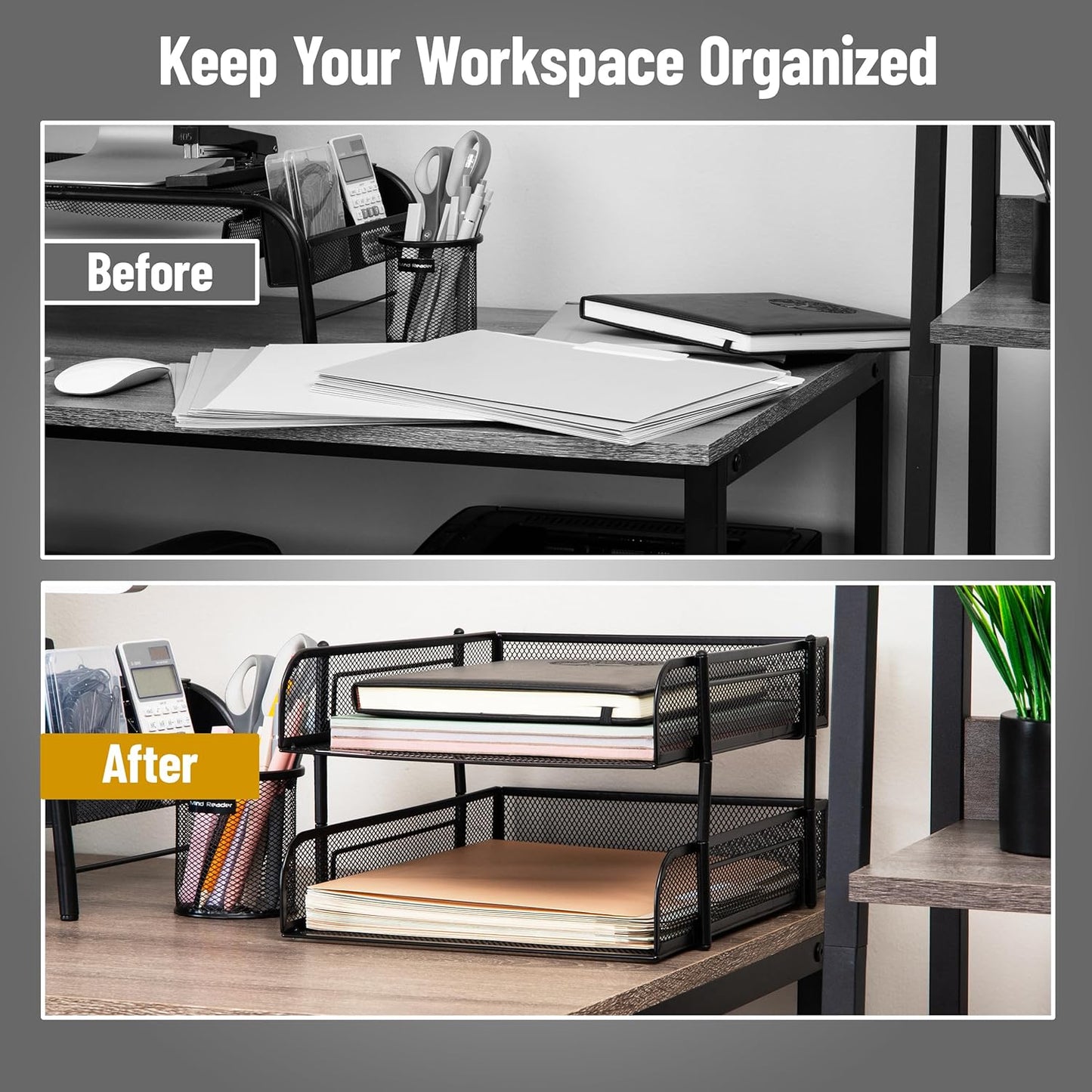 Mind Reader Stackable Paper Tray, Desktop Organizer, File Storage, Office, Metal Mesh, 2 Pcs, Black