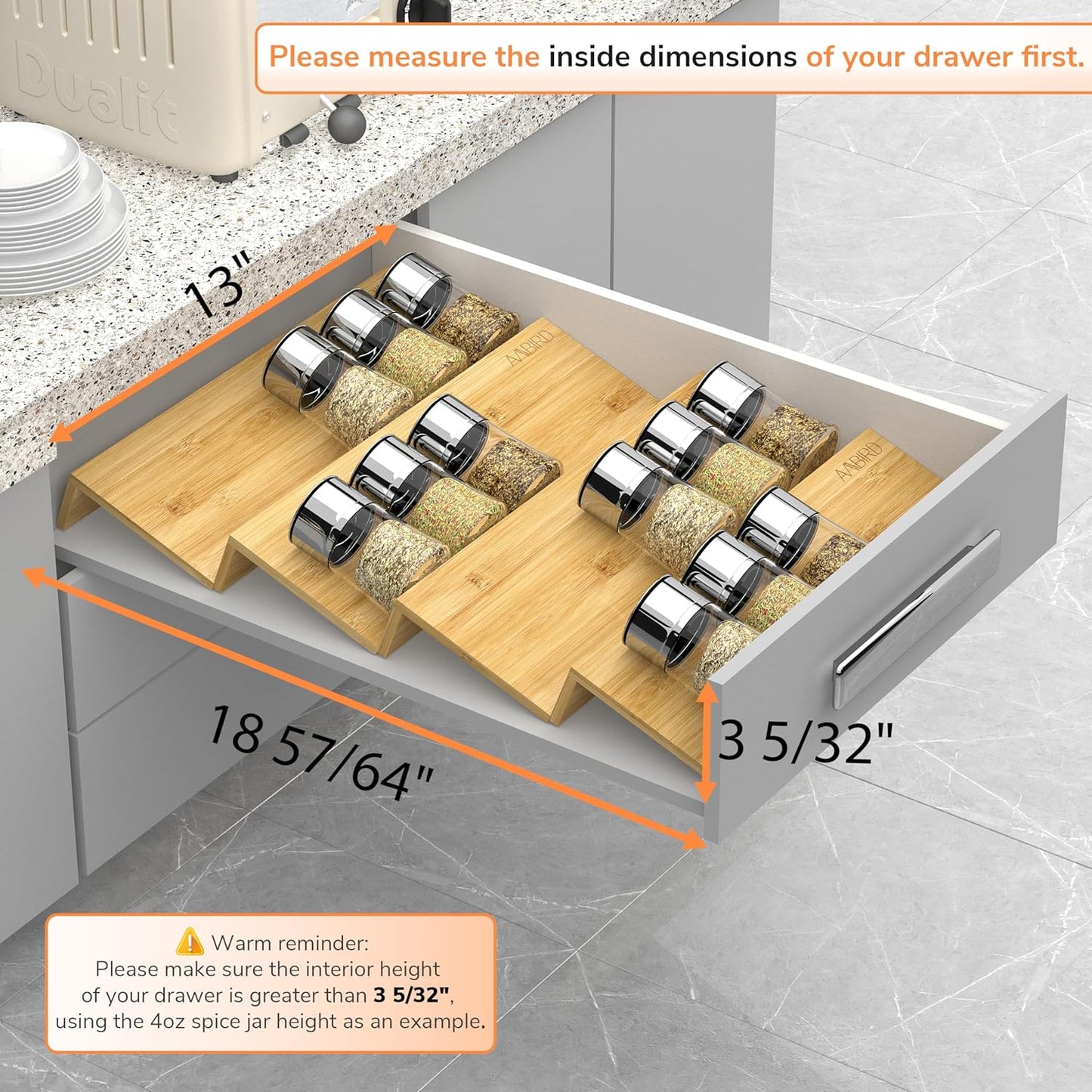 AMBIRD Spice Drawer Organizer, 4 Tier-2 Set Clear Spice Rack Tray Expandable From 11'' to 22'', Seasoning Organizer with non-slip tape for Kitchen, Cabinet, Drawers, Countertop(JARS NOT INCLUDED)
