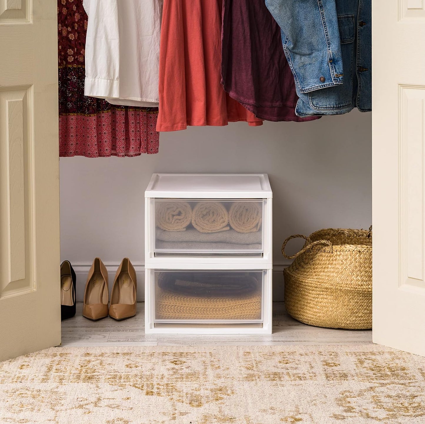 IRIS USA 47 Qt. Extra-Large Stackable Storage Drawer Plastic Drawer Organizer with Clear Doors, for Pantry Bedroom Closet Kitchen Under-Sink Home and Office De-Clutter Shoes and Crafts, White, 2-Pack