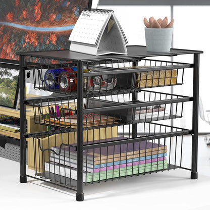 Simple Houseware Stackable 3 Tier Sliding Basket Organizer Drawer, Chrome