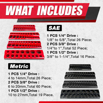 EACELIY 6-Piece Magnetic Socket Organizer Set, 1/2", 1/4" and 3/8" SAE & Metric Deep & Shallow Socket Holder Kit, holds 141 stanard Sockets, attaches to steel box/tool cart (sockets not included)