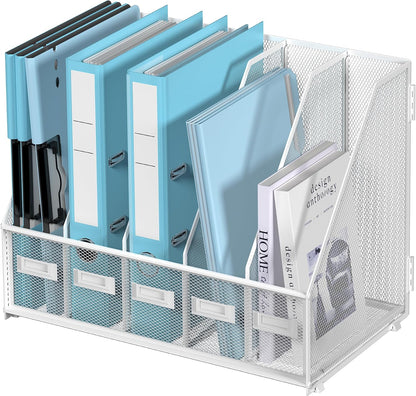 SUPEASY Desk Organizers Metal Desk Magazine File Holder with 5 Vertical Compartments Rack File Organizer for Office Desktop, Classroom, Home Workspace, Black