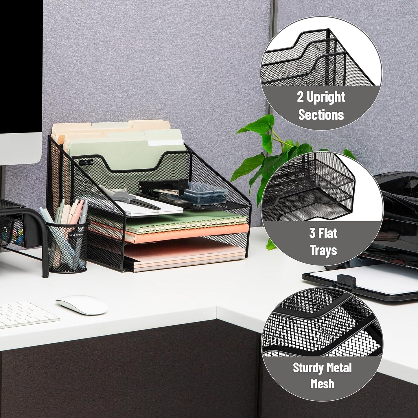 Mind Reader Metal Mesh Desktop File Organizer, 3-Tier Paper Tray with 5 Compartments, Office Mail Sorter, White