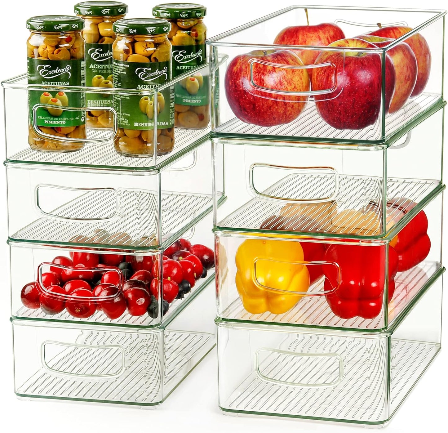Hudgan 8 Pack Pantry Organizer and Storage, 2 Extra Large Stackable Freezer Organizer Bin, 3 Large Clear Storage Bin and 3 Medium Plastic Container for Home Edit, Kitchen Cabinet, Bathroom Shelf