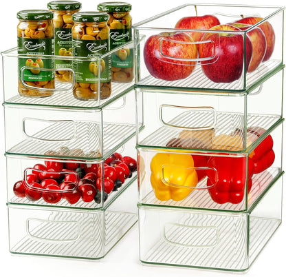 Hudgan 8 Pack Pantry Organizer and Storage, 2 Extra Large Stackable Freezer Organizer Bin, 3 Large Clear Storage Bin and 3 Medium Plastic Container for Home Edit, Kitchen Cabinet, Bathroom Shelf