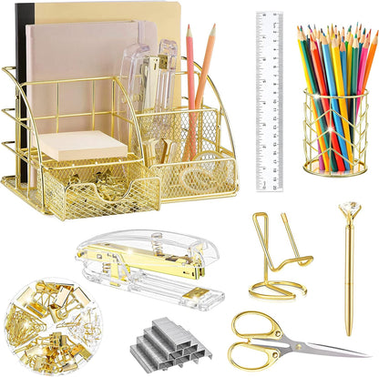 KAAKOW Gold Desk Organizers and Accessories Office Supplies Set Stapler, Pen Holder, Phone Holder, Scissors, Pen, Ruler, 30 Paper Clips, 22 Binder Clip, 20 Tacks and 1000pcs Staples (Gold)