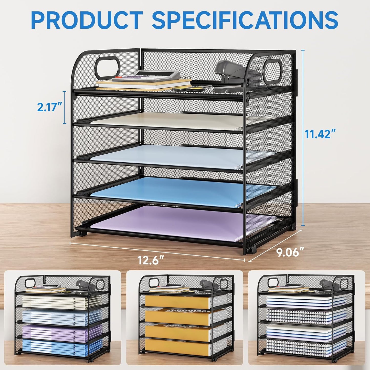 Paper Organizer Letter Tray with Handle, 5-Tier Black Stackable Desk Organizer with Metal Mesh, Sturdy Paper Tray for Office Desk, Home & Classroom Supplies Storage