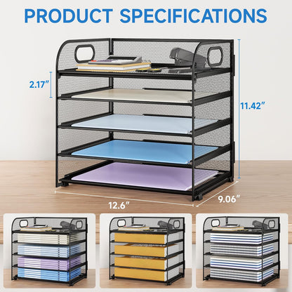 Paper Organizer Letter Tray with Handle, 5-Tier Black Stackable Desk Organizer with Metal Mesh, Sturdy Paper Tray for Office Desk, Home & Classroom Supplies Storage