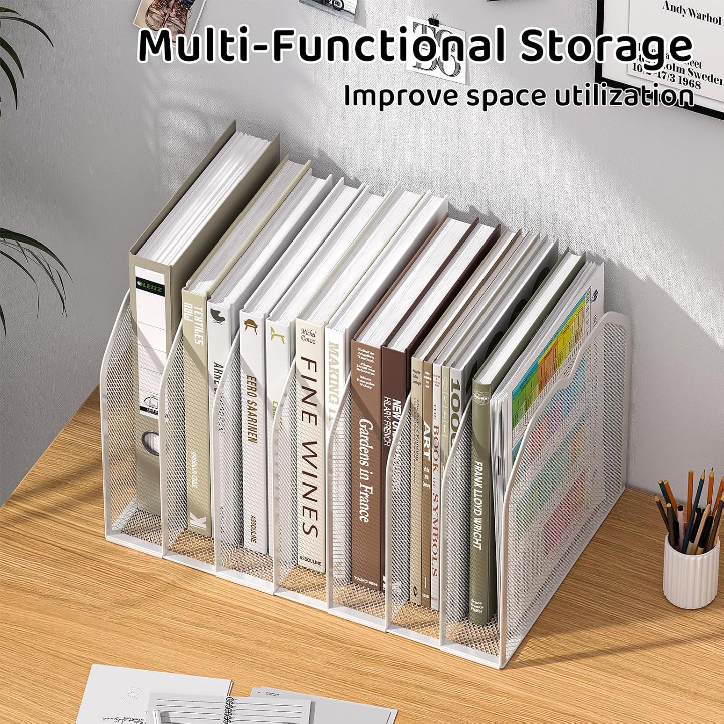 FANXIYQ Metal 7-Section File Folder Organizer for Desk | Vertical Office File Holder | Heavy-Duty Mesh Document Sorter for Books, Binders, Laptops | Black Desk Organizer (12.8”x8.5”x7.9”)