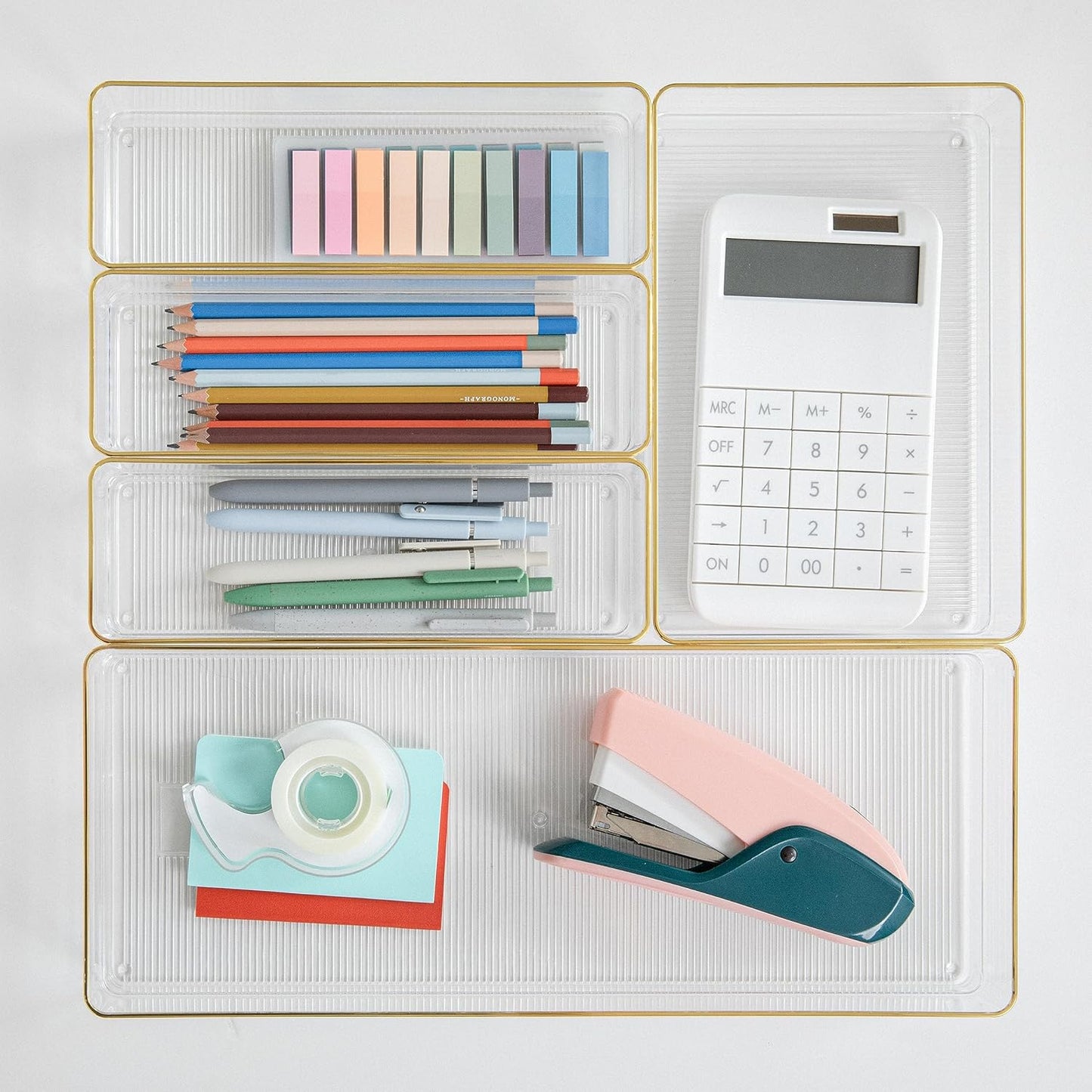 Martha Stewart Kerry Plastic Stackable Office Desk Drawer Organizers, Set of 8, with Gold Trim