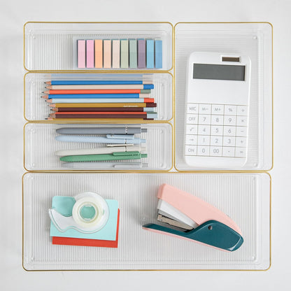 Martha Stewart Kerry Plastic Stackable Office Desk Drawer Organizers, Set of 8, with Gold Trim