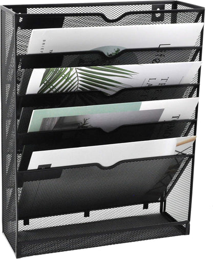 EASEPRES Desk File Organizer Mesh 6-Tier, Hanging Wall Mount Document Organization Stand, Desktop Vertical Mail Paper Folder Holder Rack with Bottom Tray for Office Home Cubicle Countertop, Black