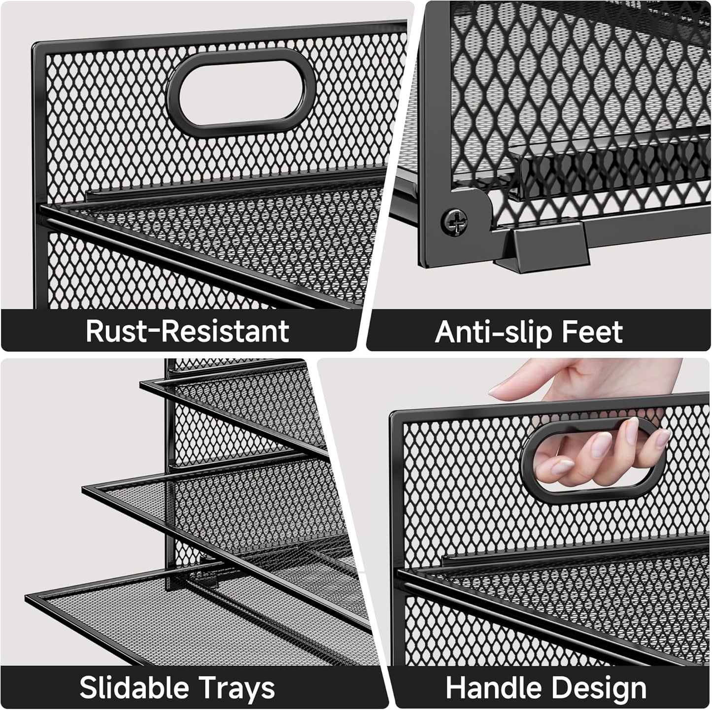 Paper Organizer Letter Tray with Handle, 5-Tier Black Stackable Desk Organizer with Metal Mesh, Sturdy Paper Tray for Office Desk, Home & Classroom Supplies Storage