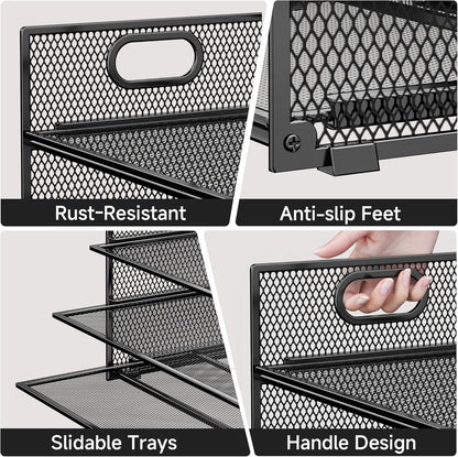 Paper Organizer Letter Tray with Handle, 5-Tier Black Stackable Desk Organizer with Metal Mesh, Sturdy Paper Tray for Office Desk, Home & Classroom Supplies Storage